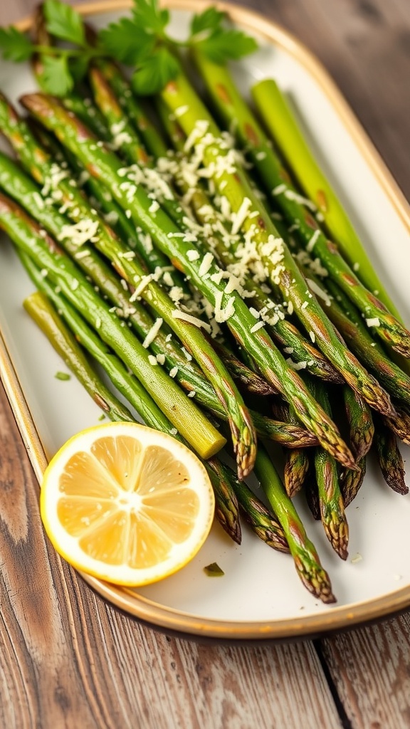 Roasted asparagus with garlic butter and Parmesan on a wooden table.